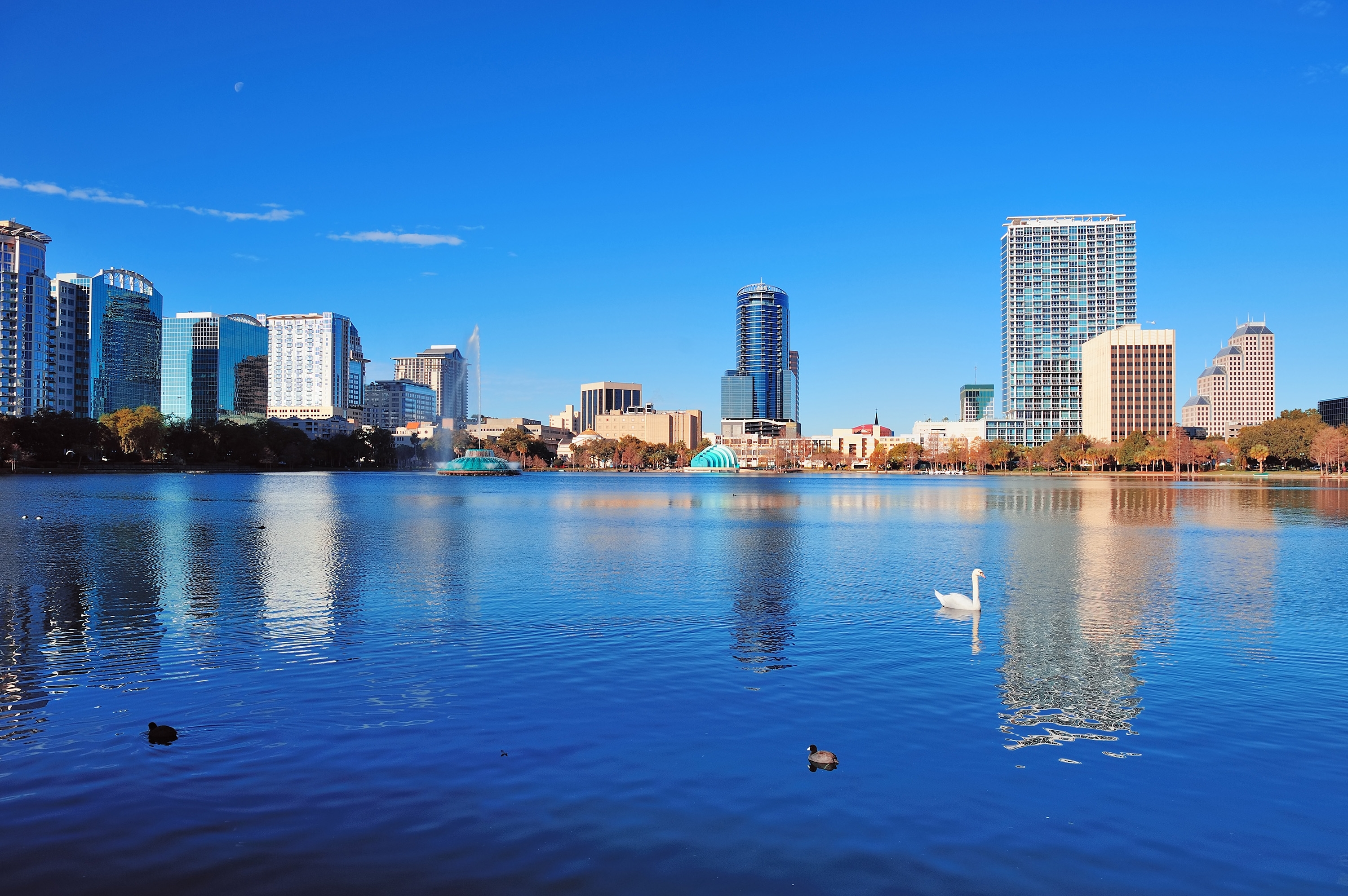 background: morning skyline over lake