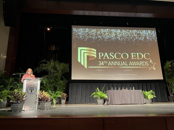 Heidi Tuttle Beisner on stage at the Pasco EDC Annual Awards event.