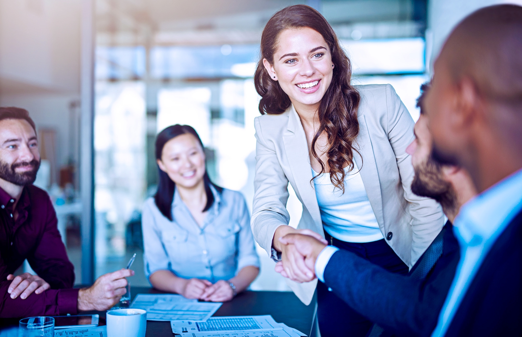 people shaking hands in a business meeting